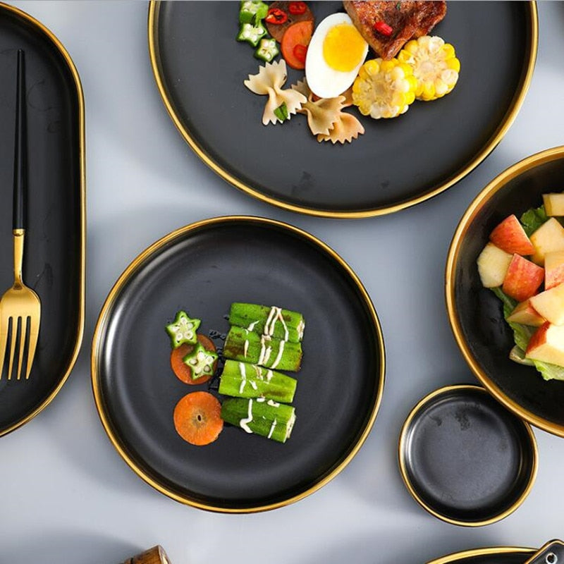 Ceramic black bowl and plate cutlery set